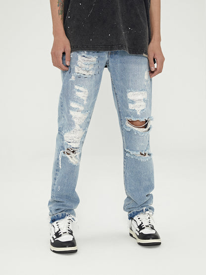 Distressed Washed Retro Light-colored Jeans With Ripped Raw Edges