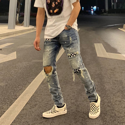 Ripped high street style checkerboard patch denim trousers