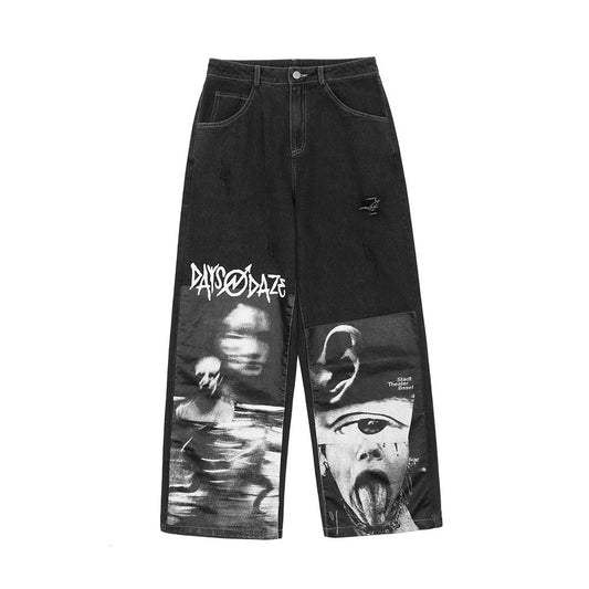 Spoof abstract character print jeans