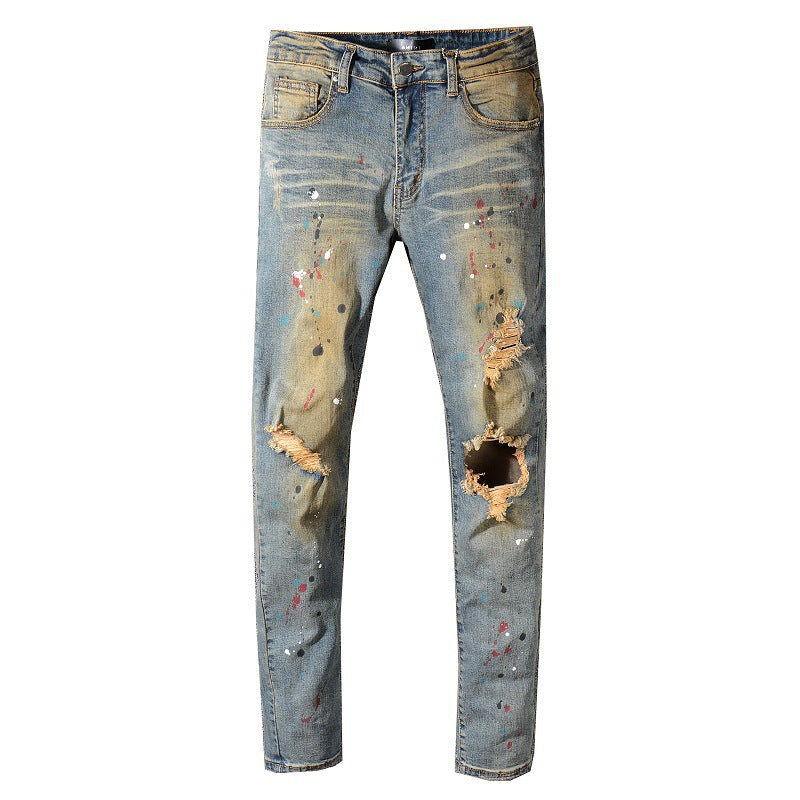 Jeans Men's Feet Pants With Big Holes And Destruction, Old Retro Street Yellow Paint Cowboy