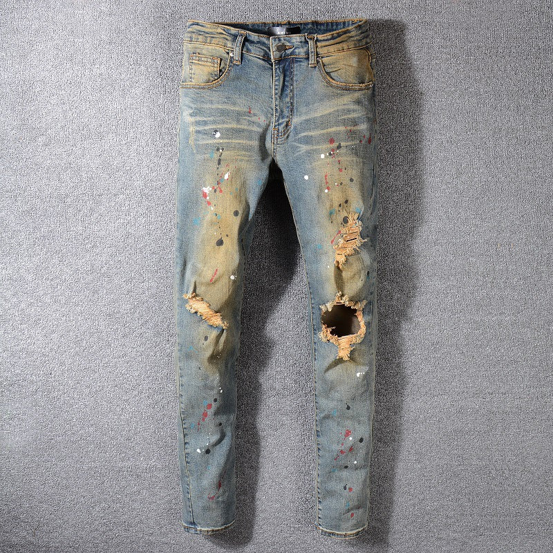 Jeans Men's Feet Pants With Big Holes And Destruction, Old Retro Street Yellow Paint Cowboy