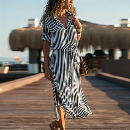 Stripe Shirt Women's Dress Spring Summer Chiffon V-neck Sexy Maxi Dresses Sexy Elegant Casual Girl Lace Women Long Sleeve