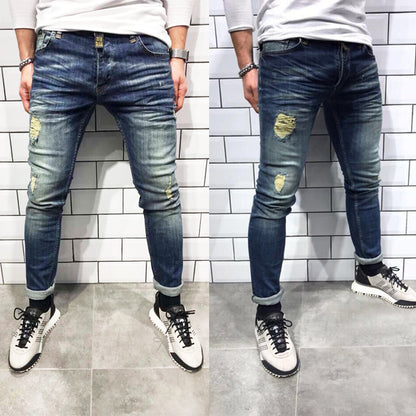 Men's hole small feet jeans Europe and the United States new denim trousers