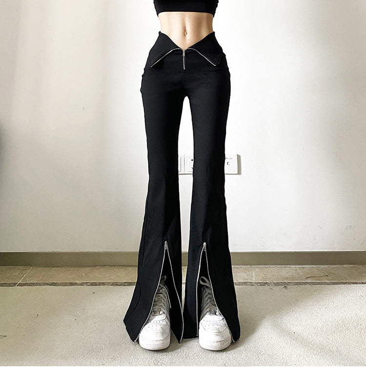 Niche Designer Black V-shaped Flanging Zipper Bootcut Trousers Slimming High Waist Slit Casual Trousers