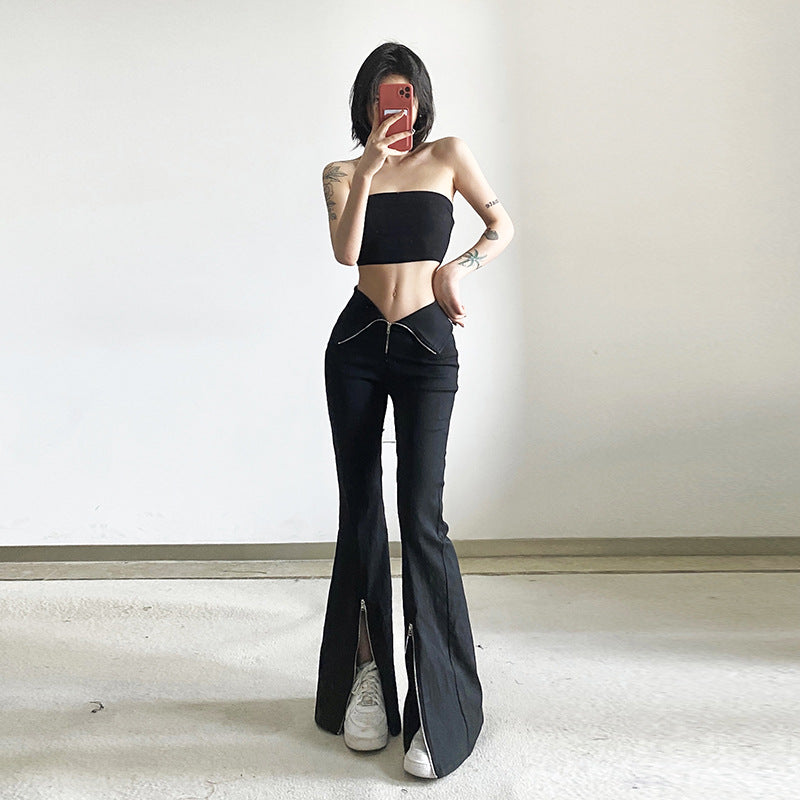 Niche Designer Black V-shaped Flanging Zipper Bootcut Trousers Slimming High Waist Slit Casual Trousers