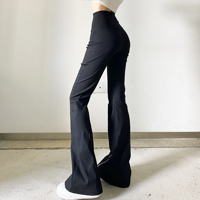 Niche Designer Black V-shaped Flanging Zipper Bootcut Trousers Slimming High Waist Slit Casual Trousers