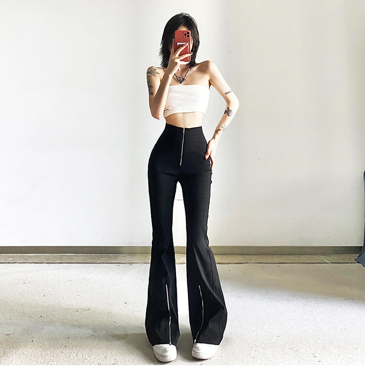 Niche Designer Black V-shaped Flanging Zipper Bootcut Trousers Slimming High Waist Slit Casual Trousers