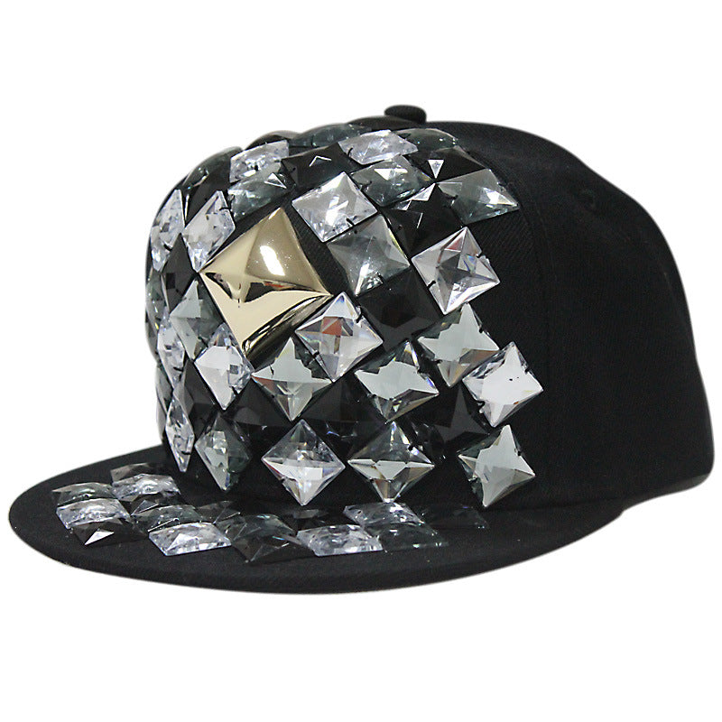 Adjustable Men's And Women's Flat Brim Full Black Diamond Rivet Baseball Hat