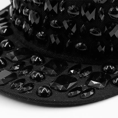 Adjustable Men's And Women's Flat Brim Full Black Diamond Rivet Baseball Hat