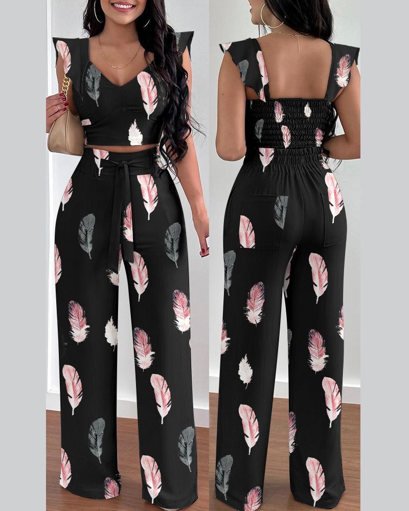 Monsoon Temperament Women's Printed Polyester Trousers Sleeveless Fashion Casual Set