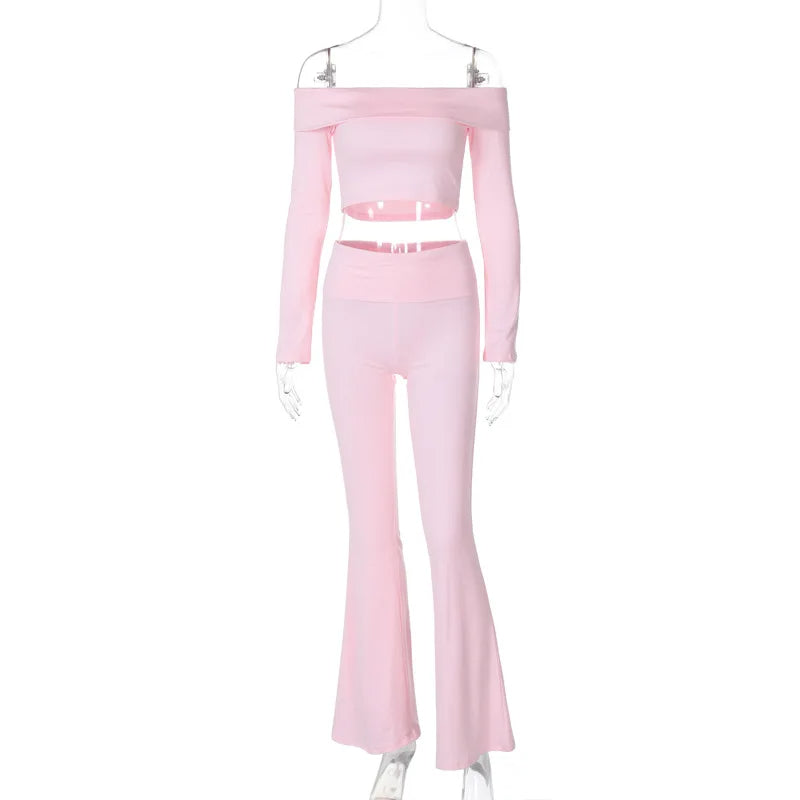 Off-shoulder Long Sleeve Flared Pants Two-piece Women's Casual Suit