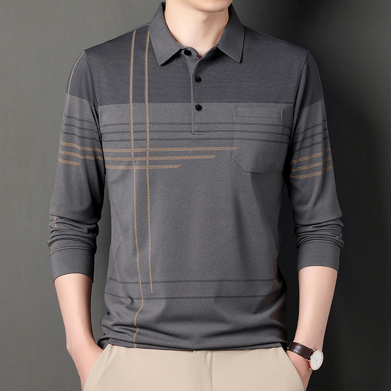 Men's Lapel Long Sleeve Middle-aged Polo Shirt Striped Casual Real Pocket Men's Shirt Trendy