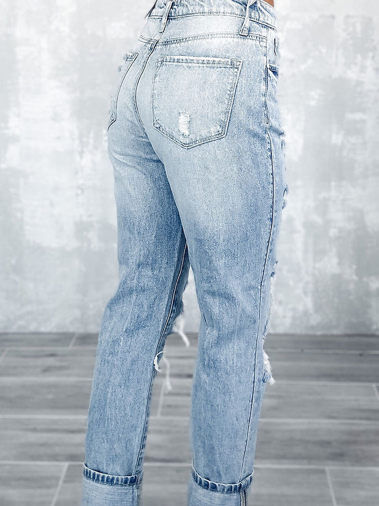 Retro Tattered Straight High Waist Skinny Jeans