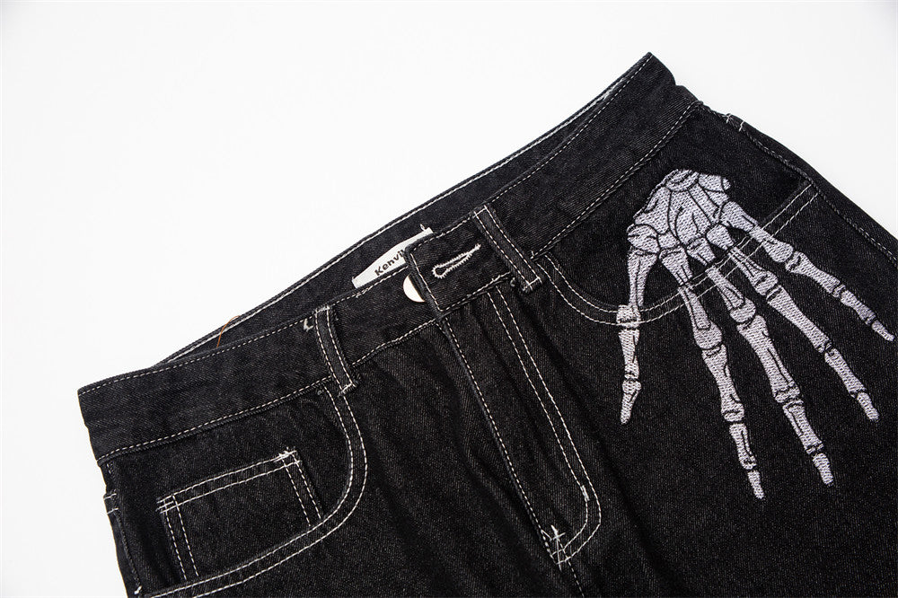 Men's Dark Skeleton Embroidery Jeans