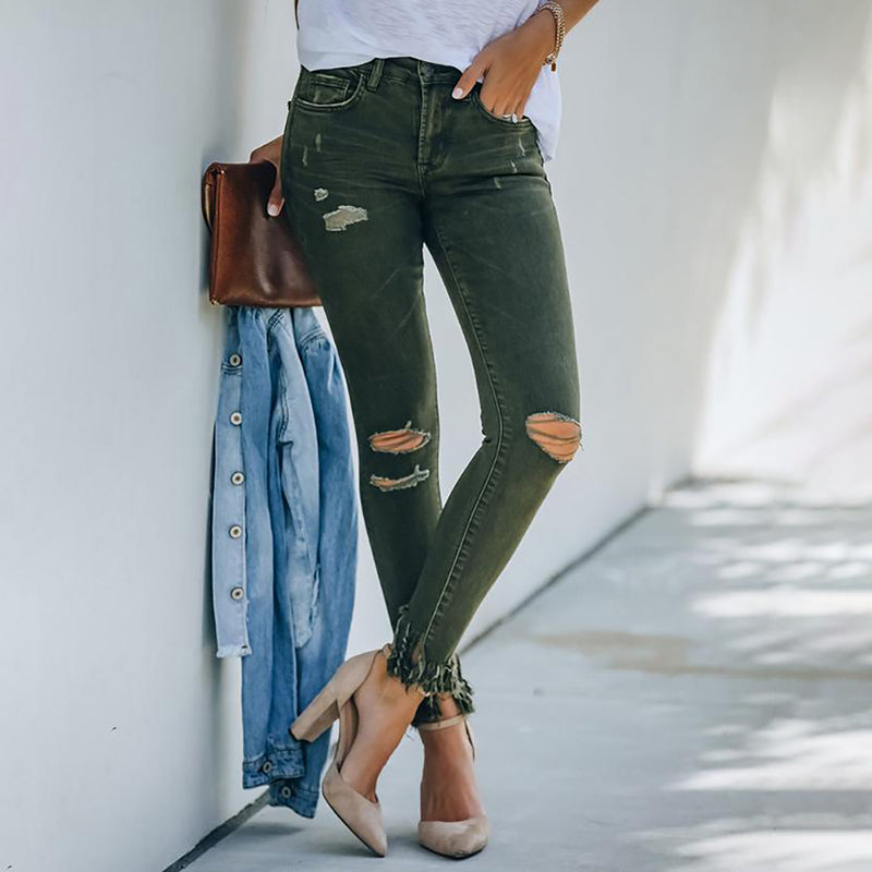 Women's New Dark Green Raw Design Ripped Jeans