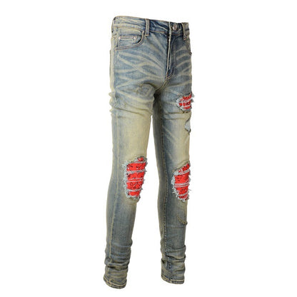 Red Printed Pleated Elastic Light Colored Jeans For Men