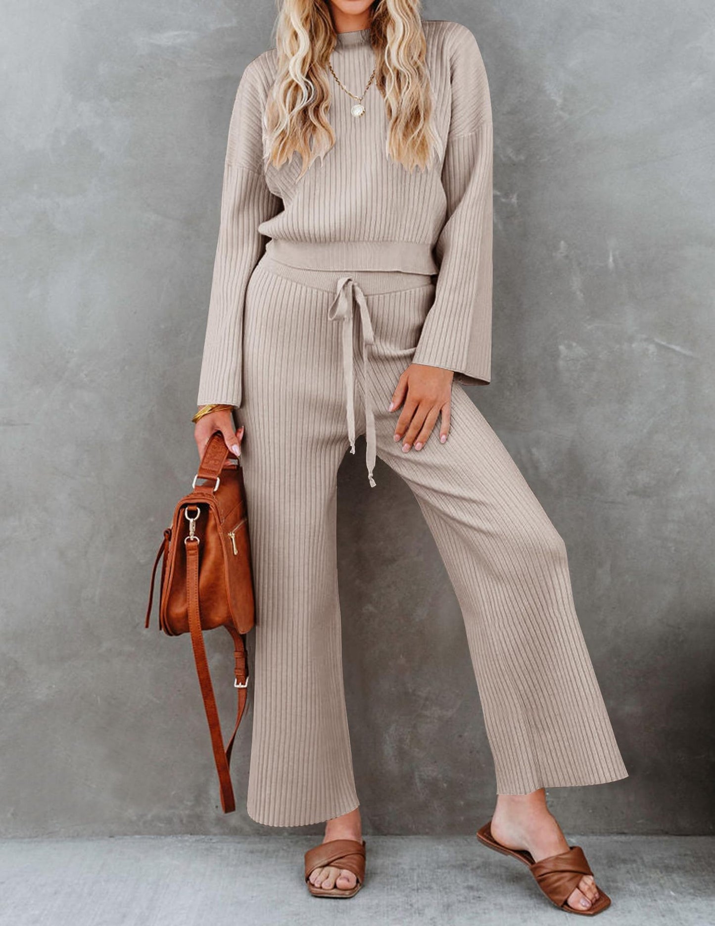 Fall Winter Fashion Round Neck Top Drawstring Loose Casual Trousers Two-piece Set