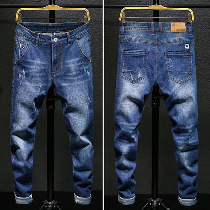 Autumn And Winter Men's Jeans Casual Fleece-lined Thickened Elastic Youth Slim Fit  Feet Pants