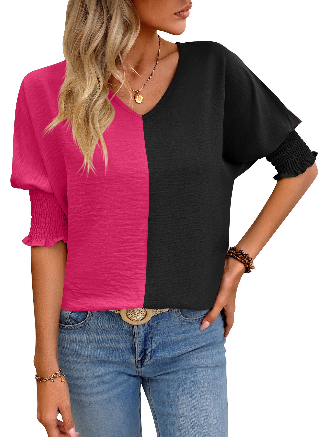 V-neck Loose Smocking Batwing Sleeve Color Matching Top