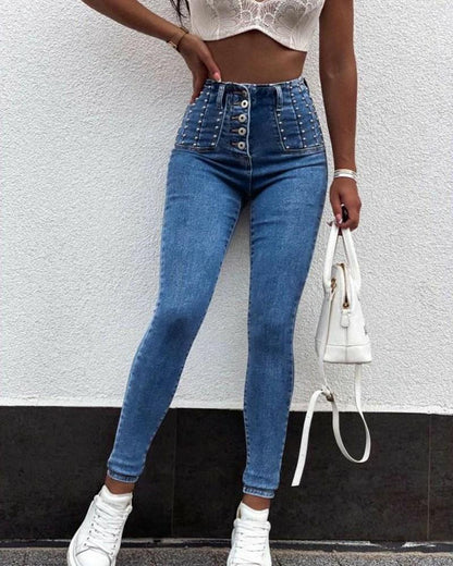 High Waist Breasted Skinny Denim Trousers