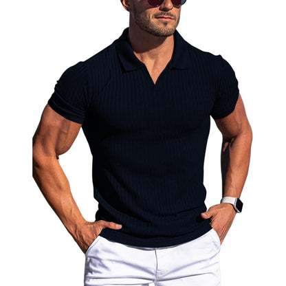 Polo Shirt Lapel V-neck Vertical Striped Short Sleeve Men's T-shirt