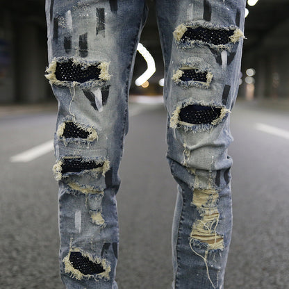 Europe and the United States high street style heavy craft hole patch patch brick sequins stretch Slim feet jeans