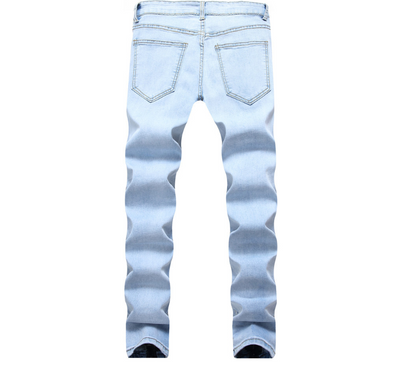 New jeans men's foreign trade motorcycle knee folds hole side zipper stretch feet men's pants