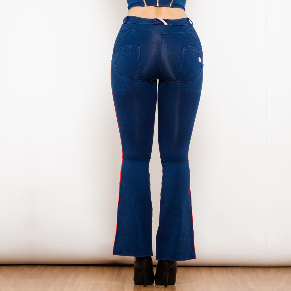 Shascullfites Melody Fashion White Red Side Stripe Flare Jeans Butt Lifting Female Casual Elasticity Dark Blue Denim Bell Pants