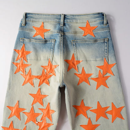 Orange Star Perforated European And American Men's Light Jeans