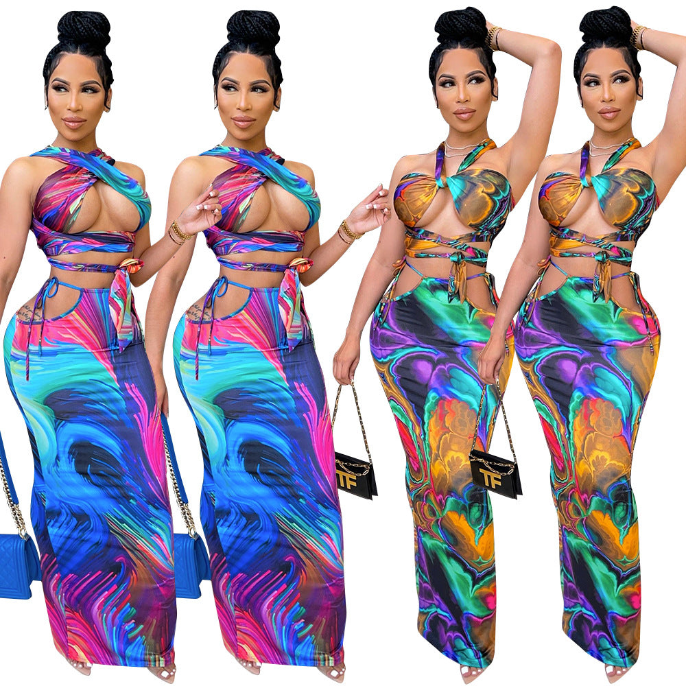 Printed Chest Wrap Ladies Two-piece Set