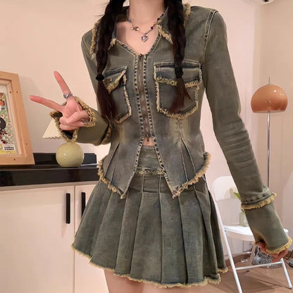 Hot Girl Washed Frayed Hem Denim Short Coat Two-piece Suit