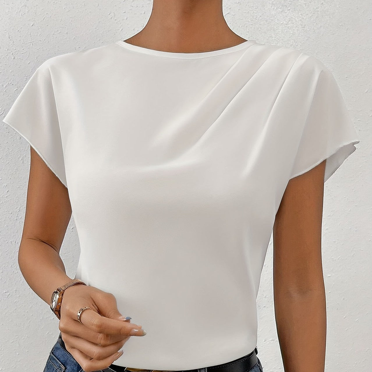 Sleeveless Round Neck Left Shoulder Pleated Women's Fashion Top