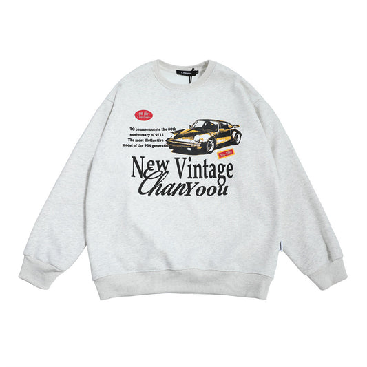 Retro Car Letter Print Fleece-lined Crew Neck Sweater Men's Loose Casual Long Sleeves Pullover