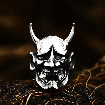 Mask Smiling Face Prajna Hundred Ghosts Theme Titanium Steel Ring Male