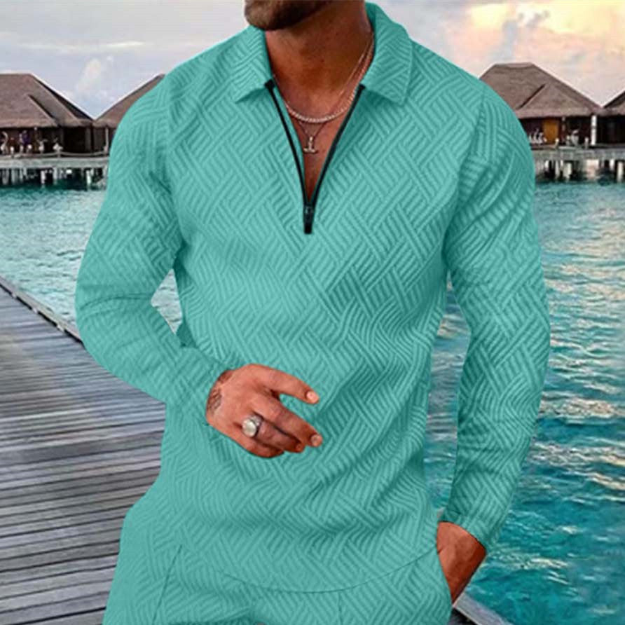 Men's Lapel Zipper Long Sleeve POLO Shirt New Casual T-Shirt