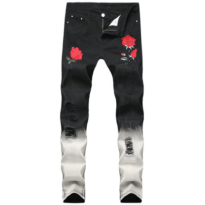 Black Feet Pants Rose Embroidered Shredded Jeans