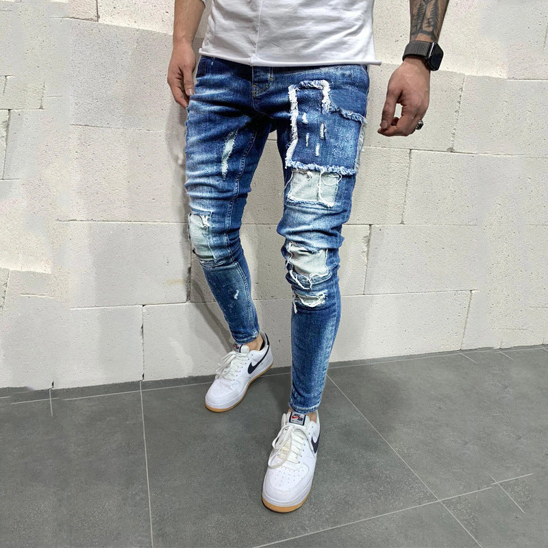 Men's Ripped Slim Fit Patch Jeans Fashion