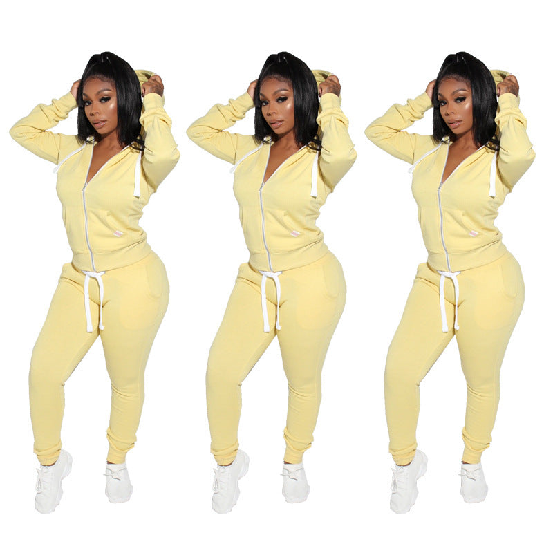 Creamy-white Hooded Zipper Sweatshirt Casual Two-piece Suit