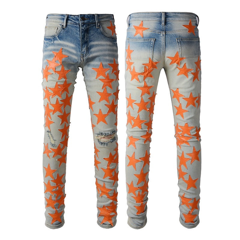 Orange Star Perforated European And American Men's Light Jeans