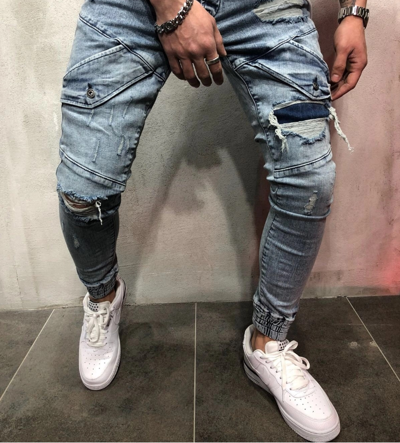 Cross-border foreign trade explosion models new men's slim jeans black hole men's denim beam blue feet pants