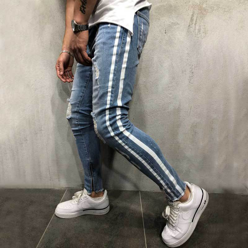 Street men's knee hole jeans elastic Leggings trend pants