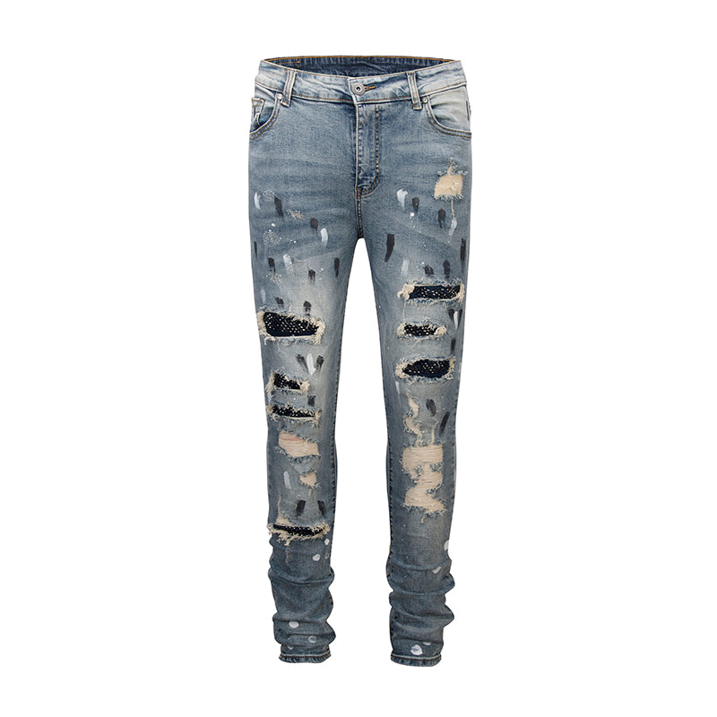 Europe and the United States high street style heavy craft hole patch patch brick sequins stretch Slim feet jeans