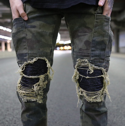 Grandpa high street coconut wind heavy wash old camouflage PU patch stitching military wind Slim work cloth pants tide