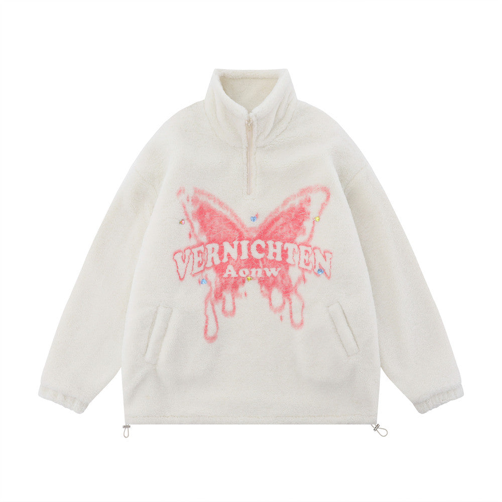 Butterfly Print Lamb Wool Sweatshirt Men