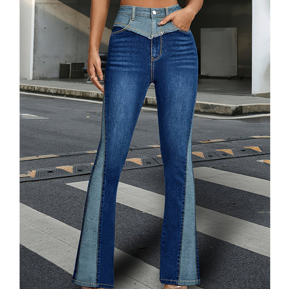 Fashion Stitching Contrast Color Denim Bell-bottom Pants Women