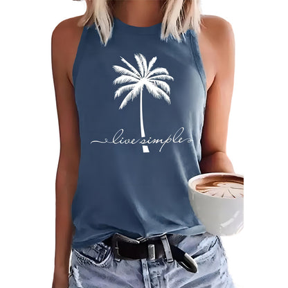 Coconut Tree Printed Crew Neck Casual Sleeveless T-shirt Women's Vest