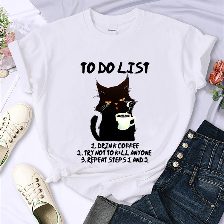 Black Cat To-do List Pattern T-shirt Funny Cat Coffee