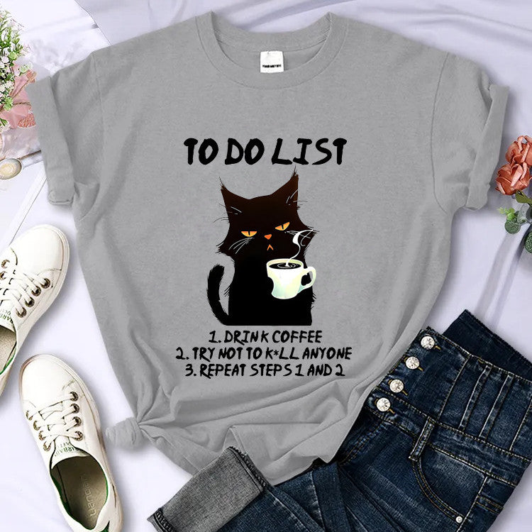 Black Cat To-do List Pattern T-shirt Funny Cat Coffee