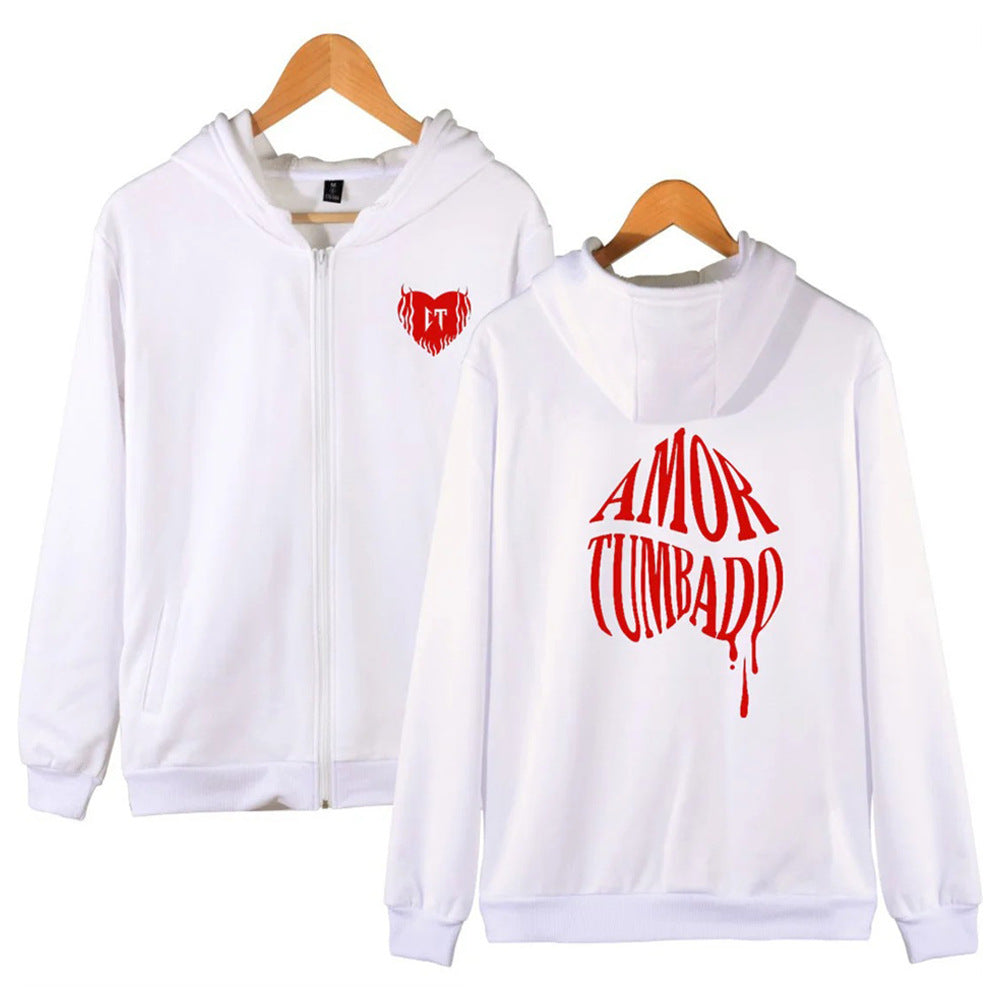 Loose Zip Fleece Printed Long Sleeve Hooded Drawstring Sweatshirt