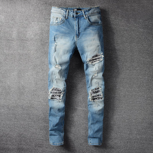 Pleated Pattern Patch Slim Fit Small Leg Jeans